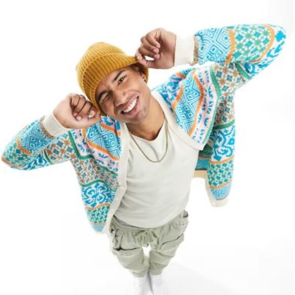 Men's ASOS DESIGN Knitted Cardigan With Fairisle Design In Blue-multi - Picture 5 of 6